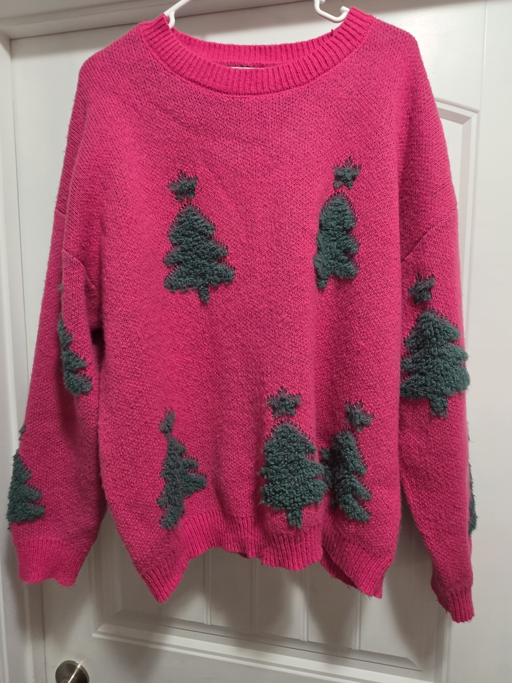 Hot Pink Women's Holiday Crewneck Sweater with Green Tree Motif